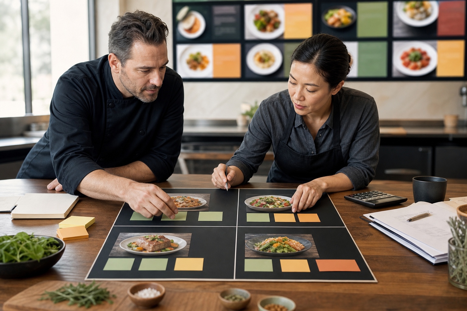 Restaurant team arranging a brand-neutral four-cell menu planning board
