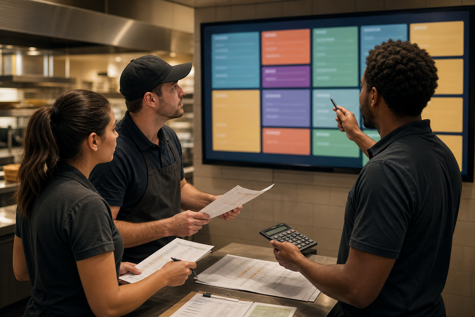 Restaurant team reviewing ingredient costs against an unbranded digital menu board