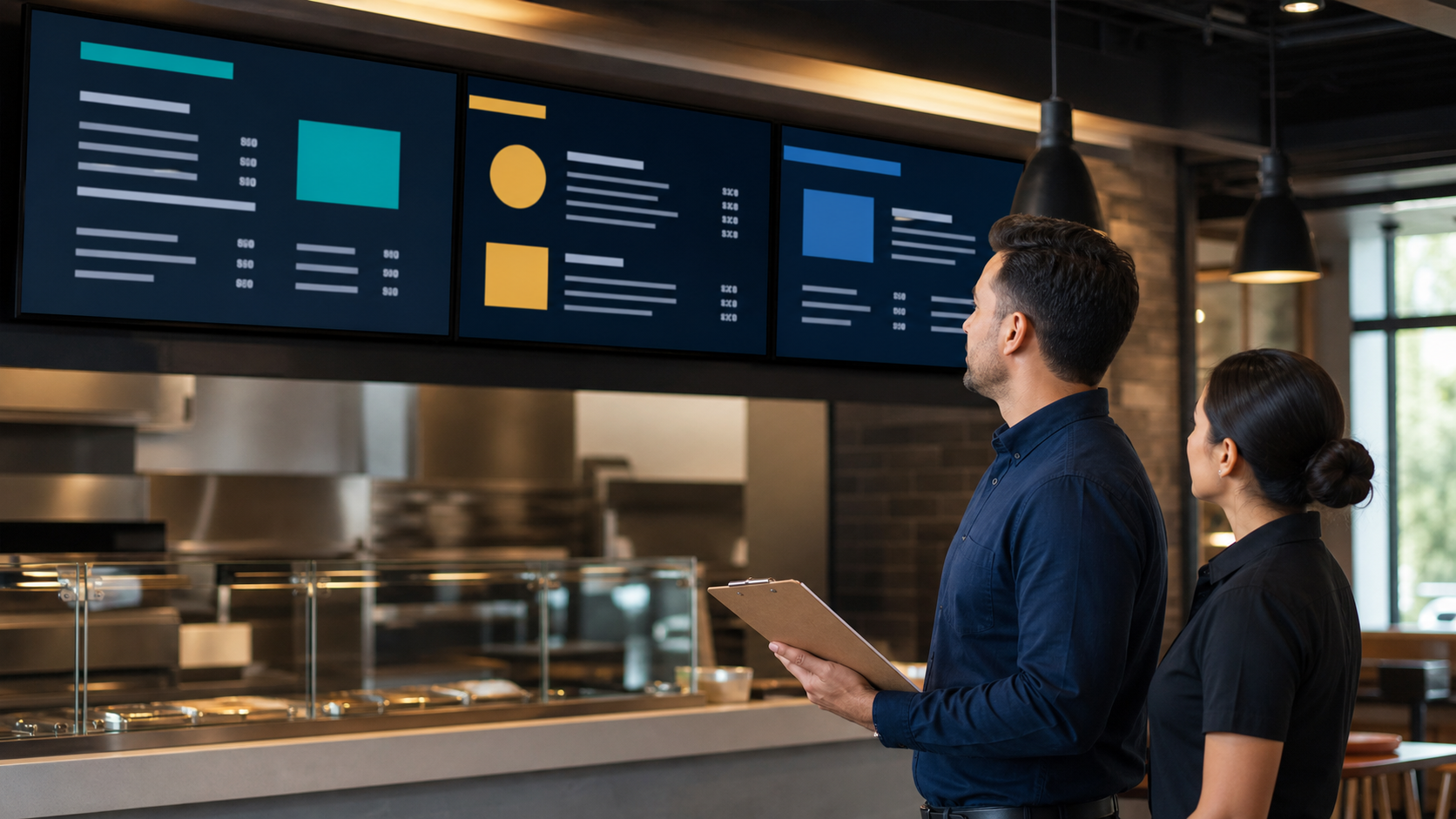 Dining team reviewing brand-neutral digital menu screens