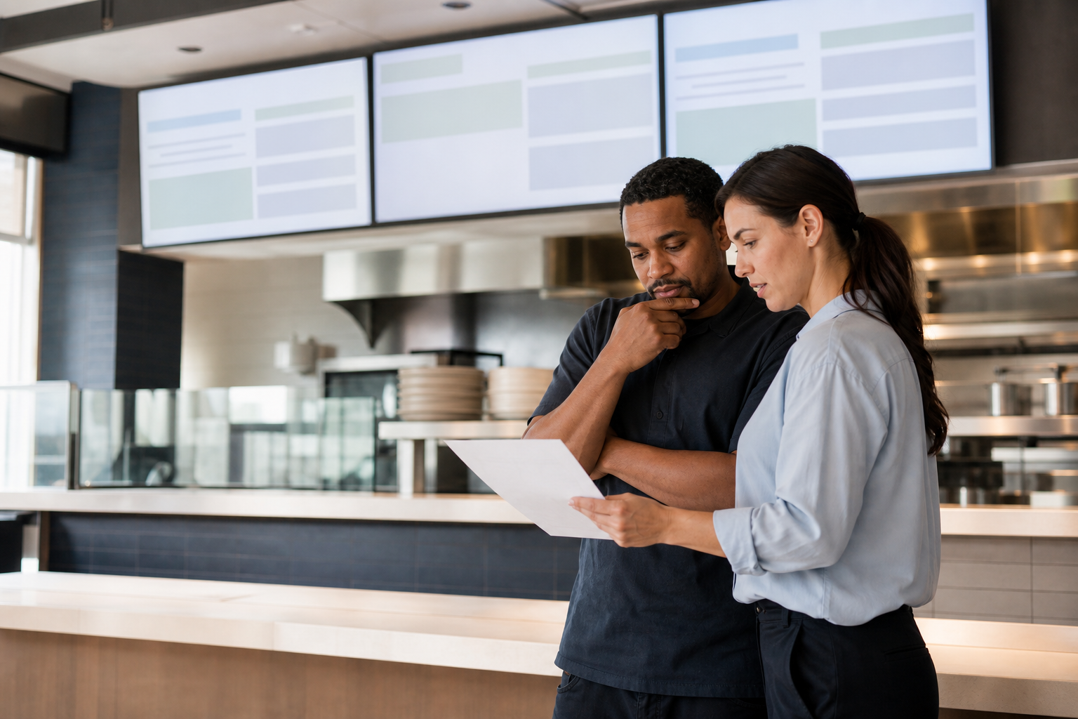 Restaurant team reviewing a brand-neutral ingredient hold beside generic menu boards