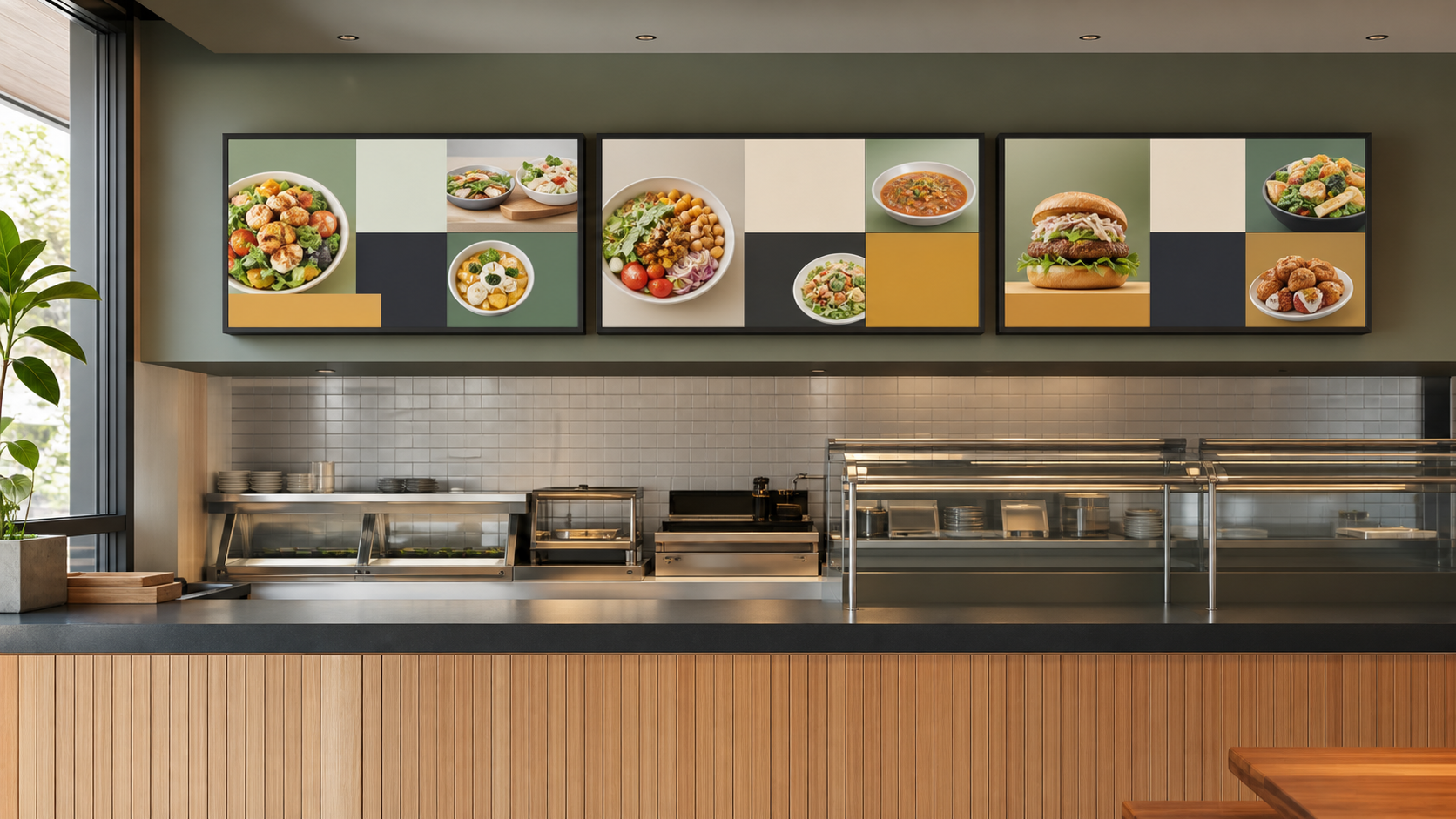 Three coordinated digital menu displays above a brand-neutral restaurant counter